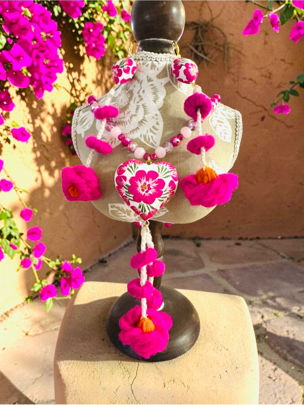 Handcrafted Pink Floral Heart Wooden Necklace with earrings